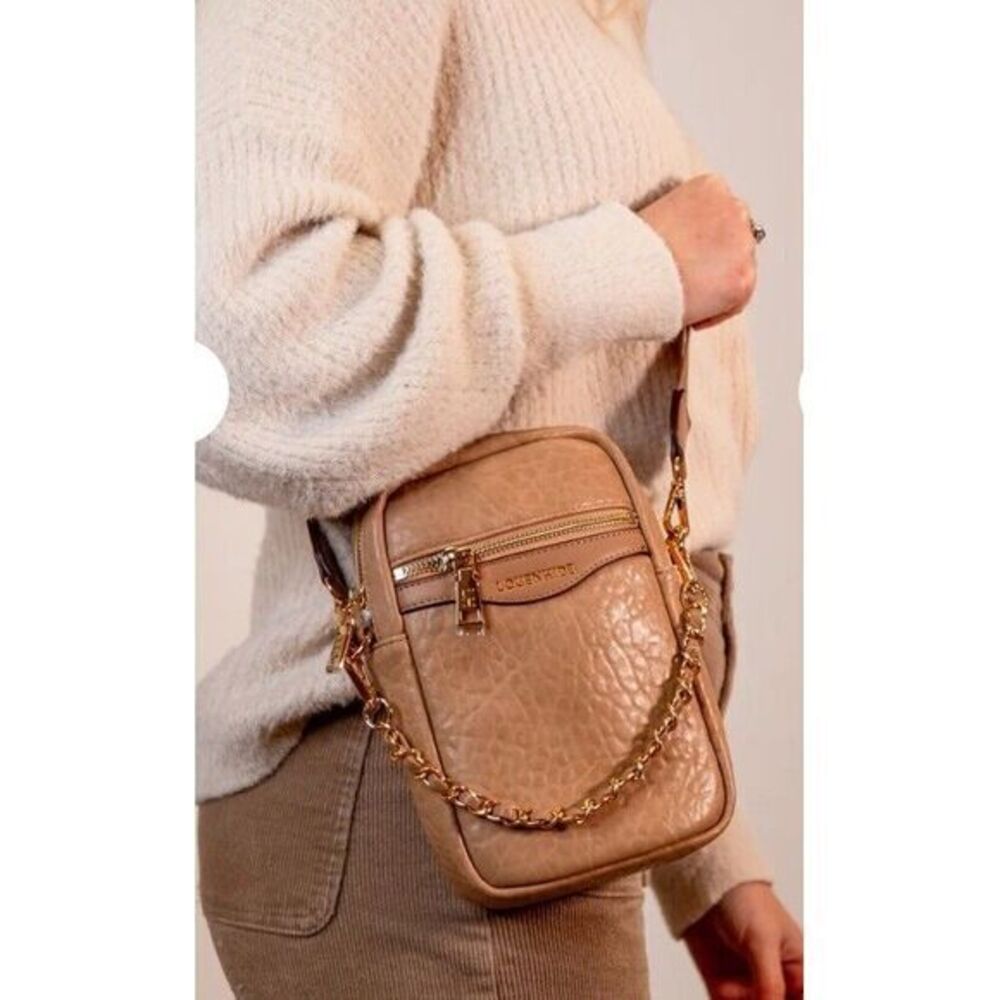 Louenhide Frankie Phone Crossbody Purse Vegan Beige Gold Hardware Chain‎ Strap